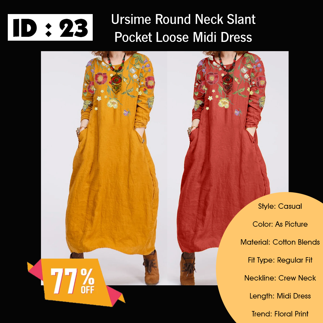 77% Off Ursime Round Neck Slant Pocket Loose Midi Dress
